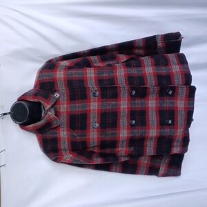 𝅺WOOLRICH Raeburn Red Plaid Wool Peacoat Size L, Zip Sleeves, 24" PTP, 26"L,EUC